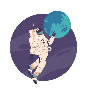 Karikatür astronotu galakside dünyayı keşfediyor.