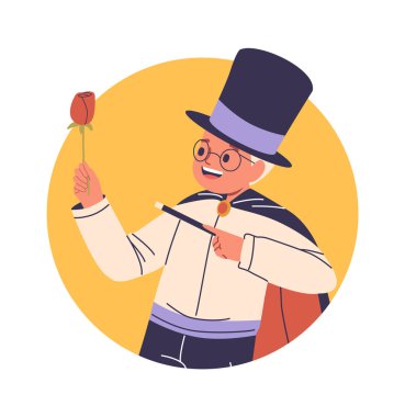 Sihirbaz çocuk gül çiçeğiyle numara yapıyor.