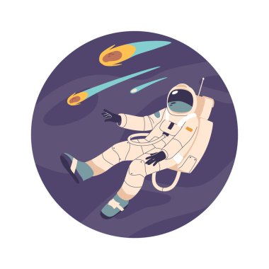 Uzay giysisi giyen çizgi film kozmonotu uzayda yüzüyor.