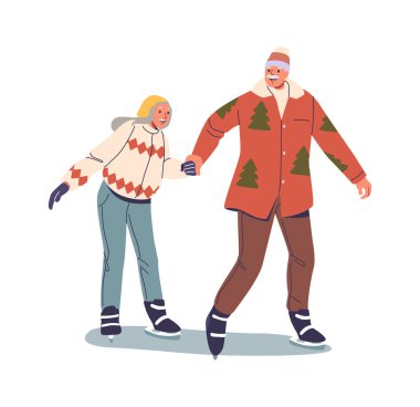 Yaşlı çift dışarıda kayıyor, kış eğlencesinin tadını çıkarıyor.