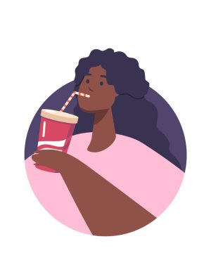 Afro-Amerikalı kadın gazoz karikatürü içiyor.