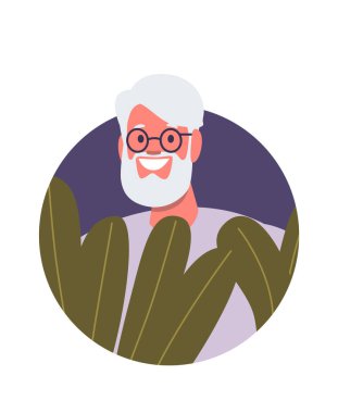 Huzurlu kıdemli adam canlı çiçeklerle çevrili.