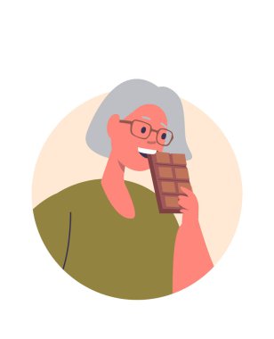 Çikolatalı tatlı yiyen yaşlı kadın çizgi film karakteri