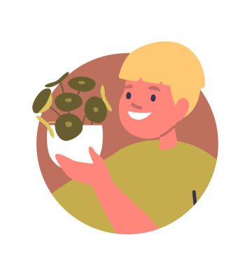 Çiçek saksısı ev bitkisi avatarını tutan tatlı çocuk.