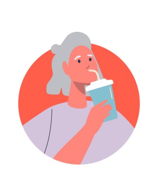 Cam portreden su içen yaşlı bir kadın.