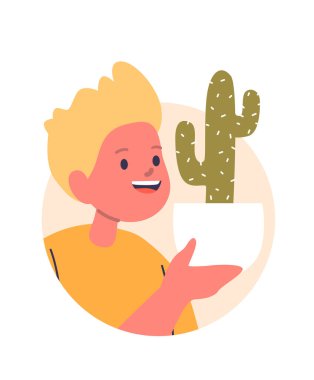 Kaktüs saksısı taşıyan çocuk çizgi film karakteri