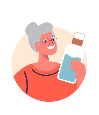 Yaşlı bir kadın refah için içme suyu reklamı yapıyor.