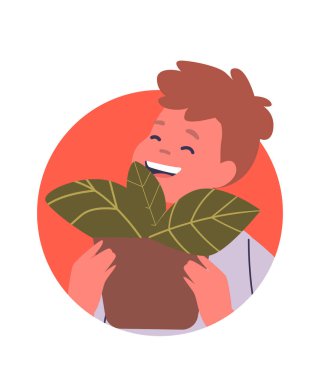 Mutlu çocuk çiçekli hediye karikatür avatarını hazırlıyor.