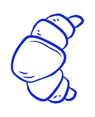 Kalın çizgili ve fırın detaylarıyla kruvasan çizimi. Kafe ve kahvaltı teması için el çizimi yiyecek ikonu. Vektör illüstrasyonu