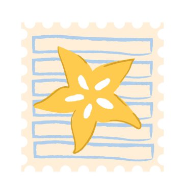 Yıldız meyveli karambola pulu, el çizimi yıldız dilimi ve tohum detaylarıyla, posta çerçevesinde gevşek çizgili arka plan. Egzotik ürünler seyahat, tazelik, yaz postaları ve tropikal lezzeti çağrıştırıyor. Vektör illüstrasyonu