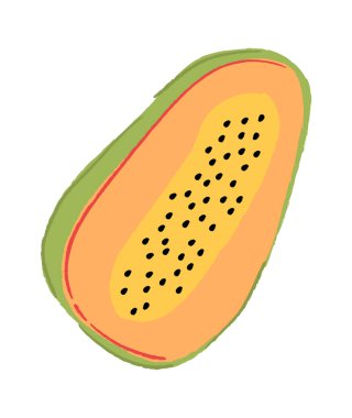 Kaba el çizgileriyle çizilmiş tohum kümesiyle Papaya yarısı. Gıda sanatı, etiket ve ambalaj temaları için uygun tropikal meyve kesme. Vektör illüstrasyonu