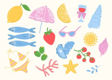 Plajlı, yiyecekli ve deniz elementli yaz ikonları. Seyahat, piyasa ve yaşam tarzı temaları için eğlenceli tatil sembolleri. Vektör illüstrasyonu