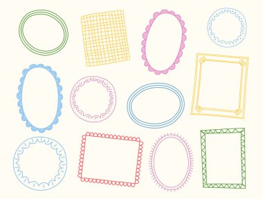 Etiket, sınır ve albüm kullanımı için el çizimi çizimi çerçevesi. Oval, dairesel ve dikdörtgen şekilleri deniz tarağı aksanıyla karıştırmış. Vektör illüstrasyonu