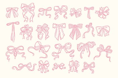 Fiyonk simgeleri ince çizgi ve kurdele detaylarıyla geniş bir set halinde dizilmiştir. Dekoratif düğüm çeşitliliğiyle el çizimi karalama hatları. Vektör illüstrasyonu