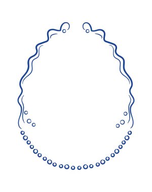 Dalgalı hatları ve yuvarlak boncuk kenarlı kolye çerçevesi, temiz bir vuruş ve yazı için açık merkez. Lüks, zarafet, mücevher markası ve el işi rozeti sembolü. Çizgi film vektör illüstrasyonu.