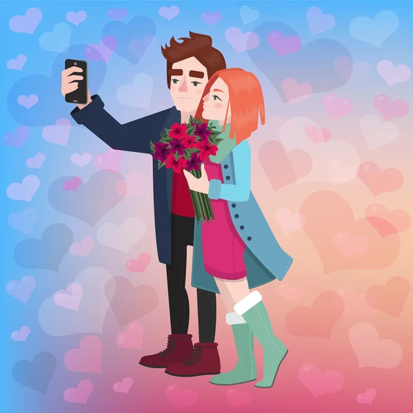 バレンタインの日のカップル Selfie - ベクトル — ストックベクタ