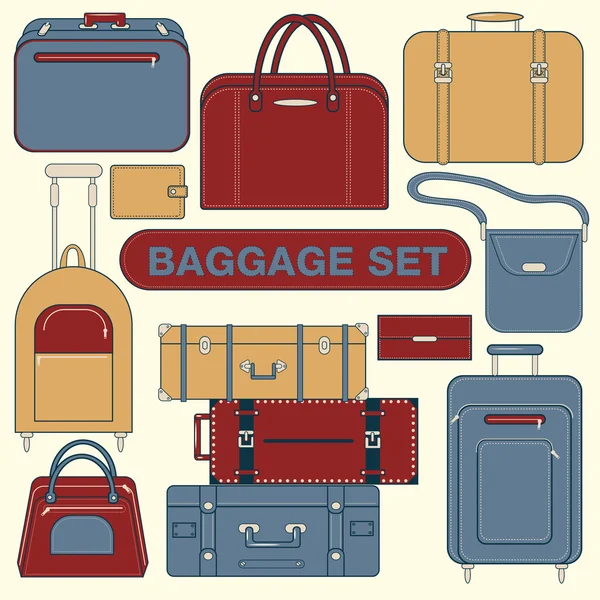 Equipaje fijado para el tiempo de viaje. Diferentes bolsas y maletas — Vector de stock