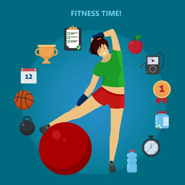 Fitness Time. Girl with set of Fitness Icons — Stock Vector