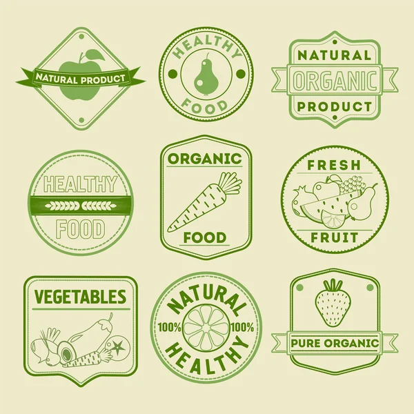 Set di distintivi e loghi per alimenti sani con frutta e verdura — Vettoriale Stock