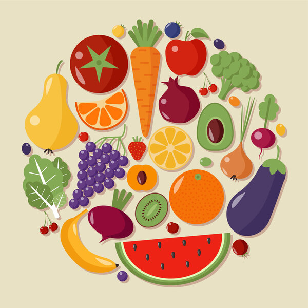 Healthy Food Set of Fruits and Vegetables in Flat Style in Vecto