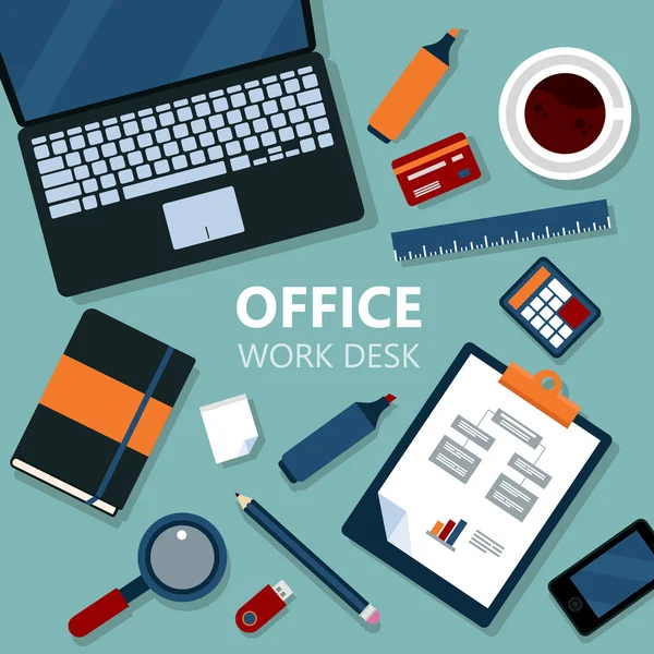 Modern Office Work Desk with Laptop and Office Equipment — Stock Vector