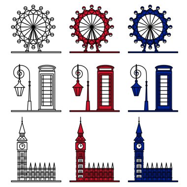 Londra sembolleri Set - London Eye, Big Ben, telefon kulübesi