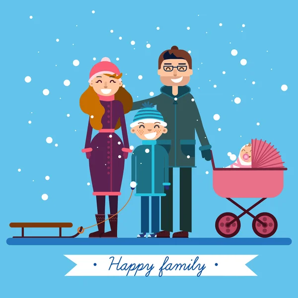 Famille heureuse avec bébé nouveau-né en vacances d'hiver — Image vectorielle