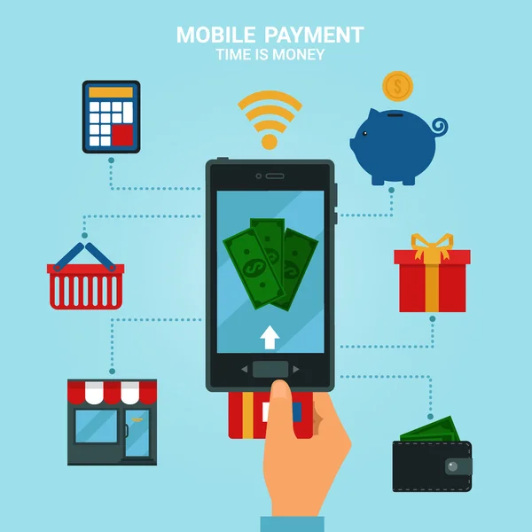 Pojęcie mobilnych płatności lub bankowości mobilnej. Pieniądz elektroniczny — Wektor stockowy