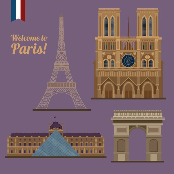 Paris Travel Set. Kända platser - Eiffeltornet, Louvren, Notre Dame — Stock vektor