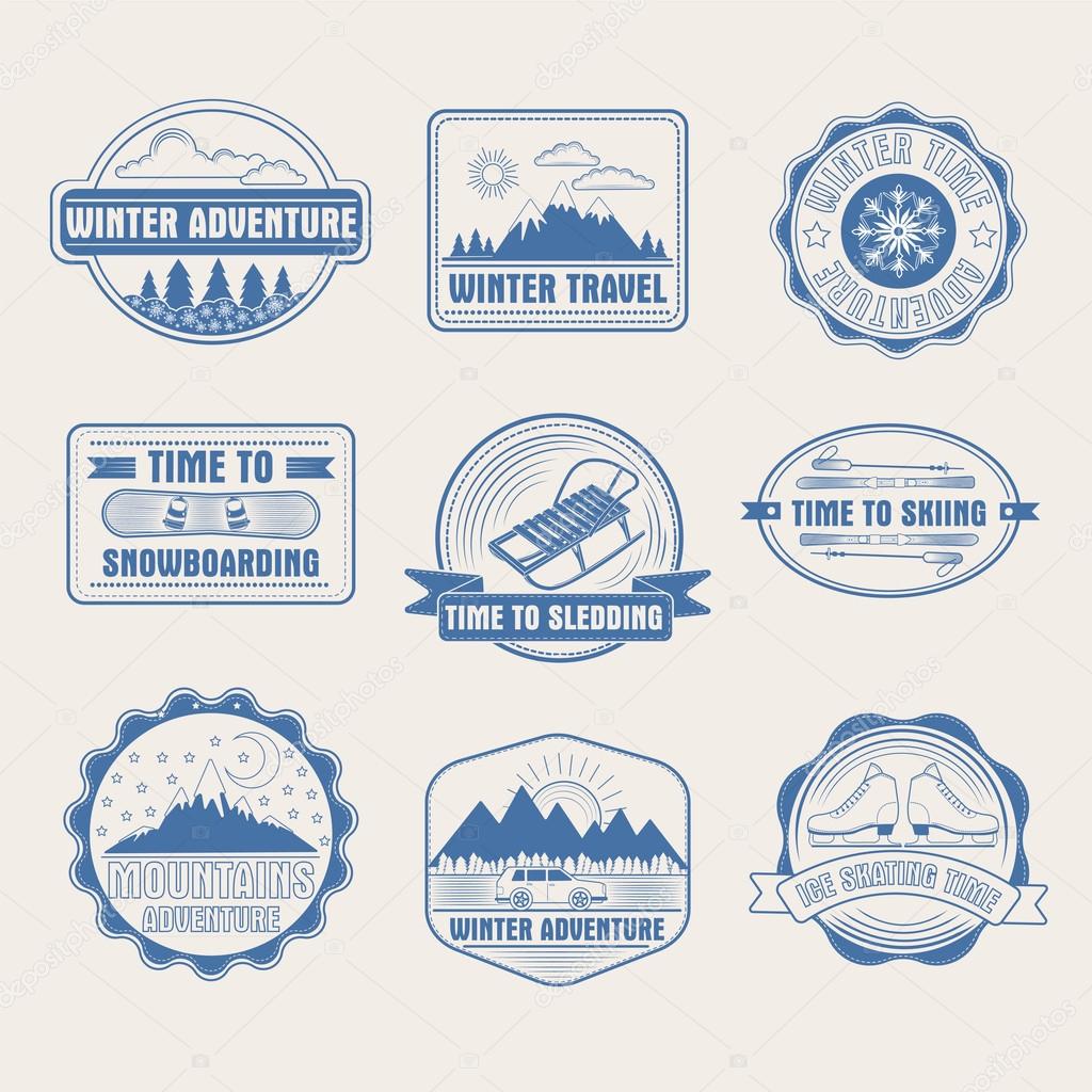 Winter Adventure Badges Set. Logos, Labels and Emblems in vector. Winter Sports and Activities - Snowboarding, Sledding, Skiing, Ice Skating