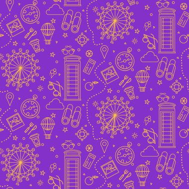 London Seamless Pattern with London Eye, Phone Box and Travel Elements