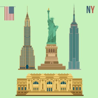 Set of New York Famous Buildings: Statue of Liberty, Metropolitan