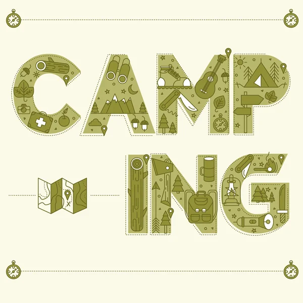 Camping Lettering. Travel Postcard in outline style — Διανυσματικό Αρχείο