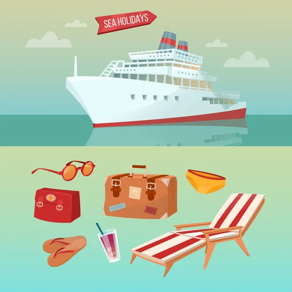 Sea Holidays Concept with Cruise Ship and Summertime Elements — Stock Vector