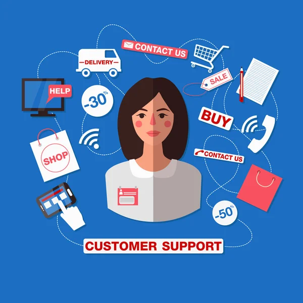 Concetto di servizio clienti con donna. Call Center di supporto — Vettoriale Stock