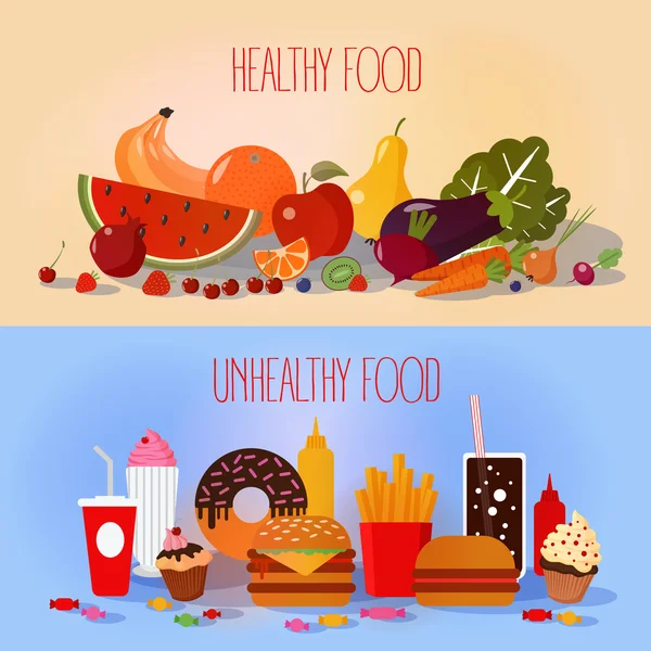 Alimentos saudáveis e alimentos rápidos insalubres —  Vetores de Stock