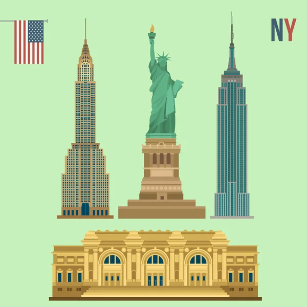 Conjunto de edificios famosos de Nueva York: Estatua de la Libertad, Metropolitana — Vector de stock