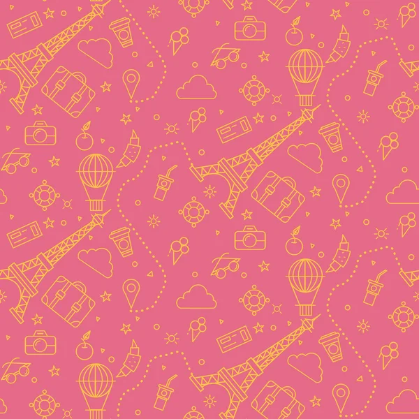 Paris Seamless Pattern with Eiffel Tower and Travel Elements — ストックベクタ