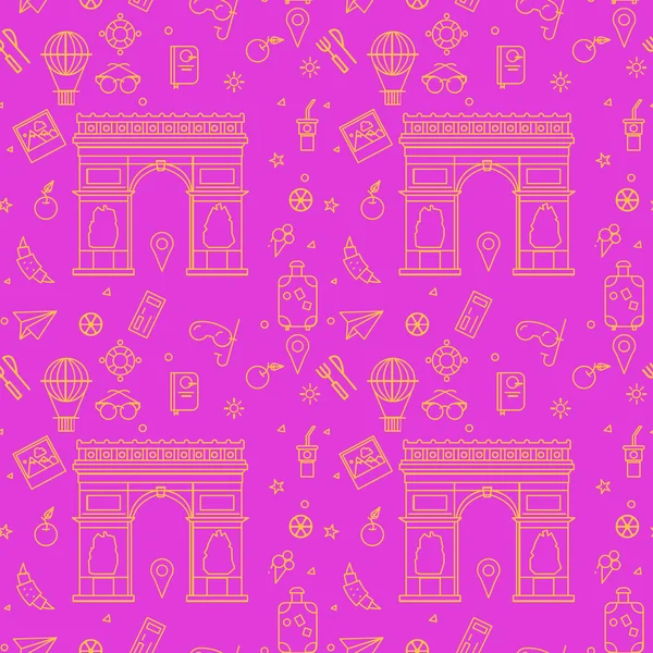 Paris Seamless Pattern with Arc de Triomphe and Travel Elements — ストックベクタ