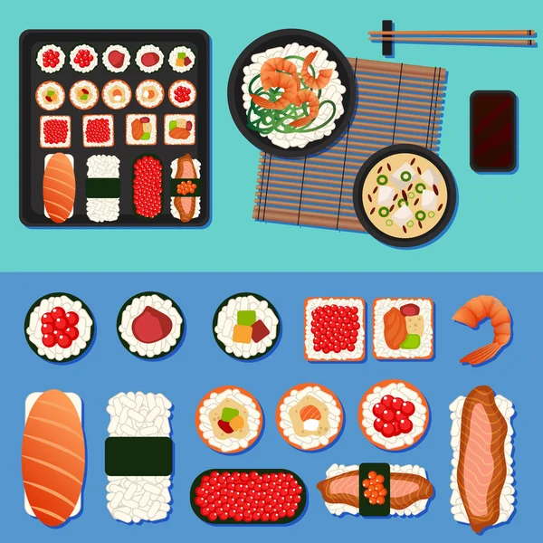 Nourriture japonaise. Ensemble de sushis avec différents rouleaux, soupe et riz — Image vectorielle