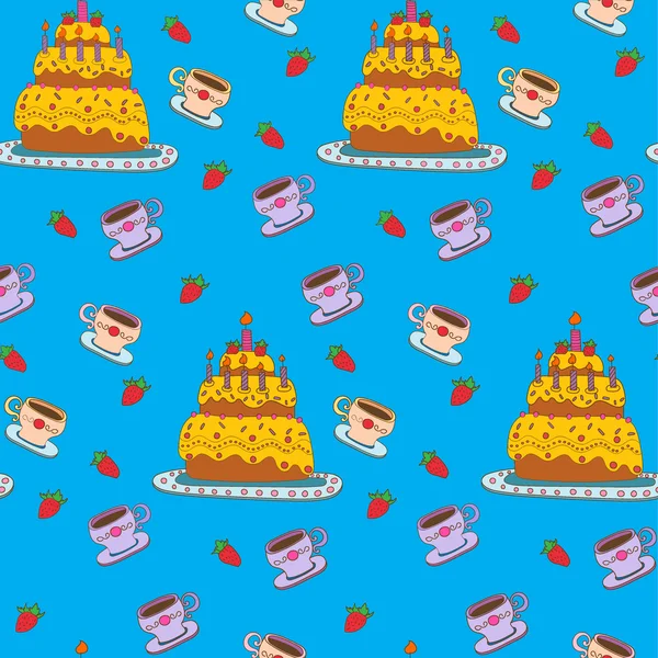 Joyeux anniversaire motif sans couture avec gâteau pour la fête des enfants — Image vectorielle