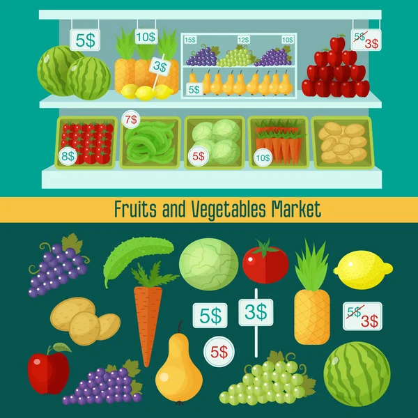 Mercado de Frutas y Verduras. Concepto de alimentación saludable — Vector de stock