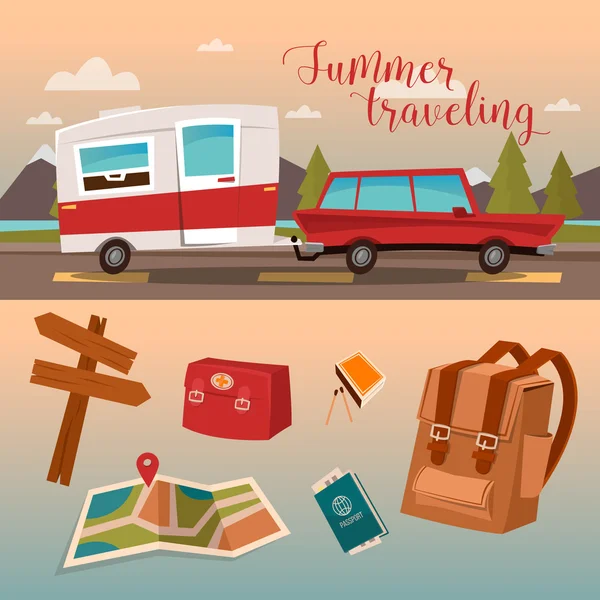 Tiempo de vacaciones en familia. Vacaciones de verano activas por Camper — Vector de stock