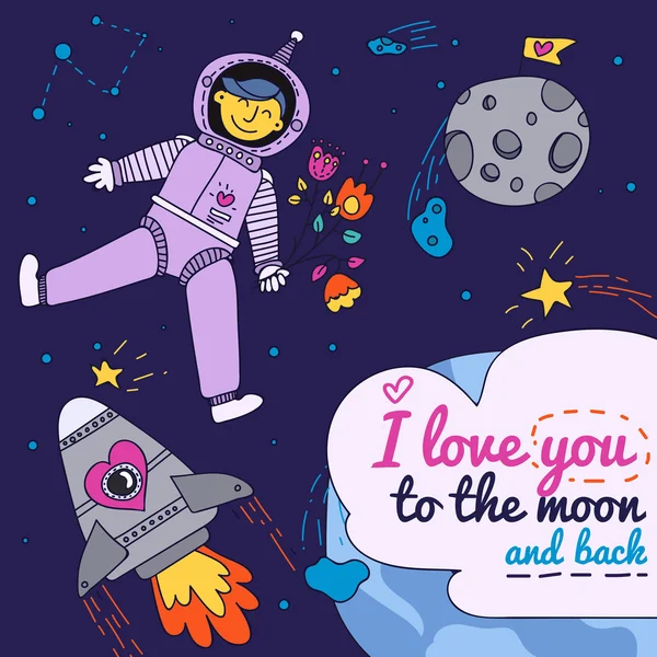 Alla hjärtans dagskort. Jag älskar dig till månen och tillbaka med Spaceman — Stock vektor
