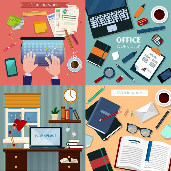 Zeit zum Arbeiten. moderne Arbeitsplätze im Büro und zu Hause mit Laptop — Stockvektor