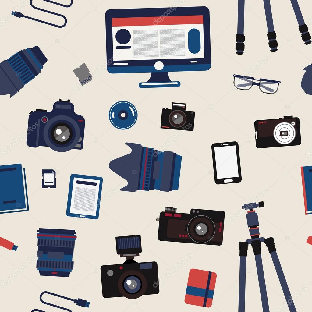 Photographer Set Seamless Pattern - Cameras, Lenses and Photo Equipment
