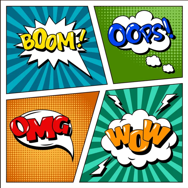 Set of Comics Bubbles in Pop Art Style. Expressions Boom, OMG, Wow, Oops — Stock Vector
