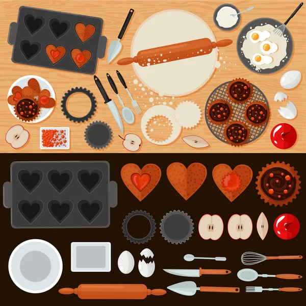 Bakery Sweets Set with Ingredients and Kitchen Tools — Stock Vector