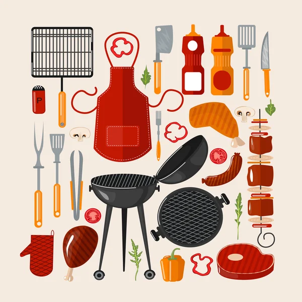 Grill Barbecue Set of Elements. Grilled Food Set with Kitchen Tools — Stock Vector