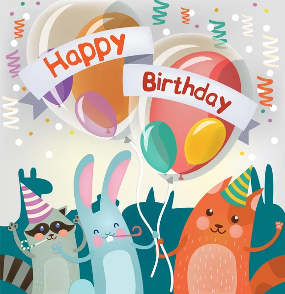 Tarjeta de felicitación feliz cumpleaños con animales lindos para la fiesta de los niños — Vector de stock